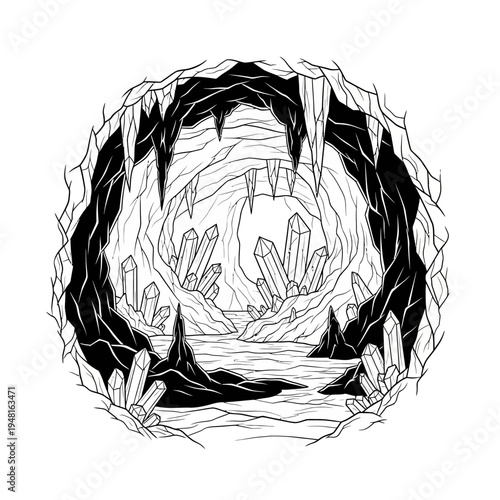 Mystical Crystal Cave Landscape with Underground Lake