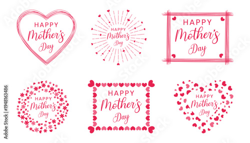 Happy Mothers Day Typography Badge Collection With Hearts And Floral Frames Vector 