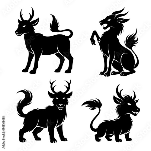 Mythical Creatures Silhouette Vector Set, Fantasy Beasts & Monsters