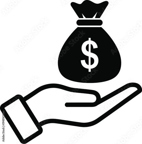 Hand holding open palm upward supports a heavy cloth money bag marked with a dollar sign symbol in black outline.