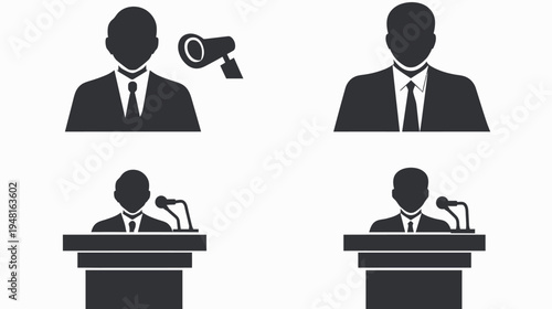 Four silhouettes of people in suits, two standing, two at podiums, all black