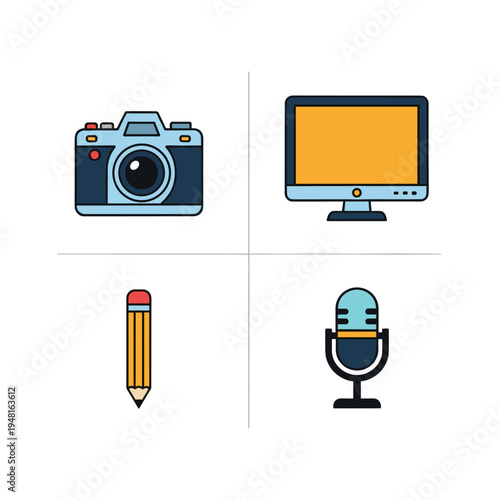 Creative Tools and Technology Icons for Digital Content Creation.