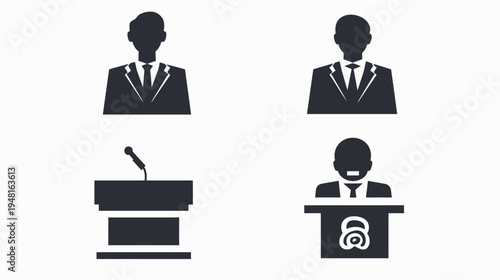 Dark silhouette icons show speakers, podiums, and presenting on a white background