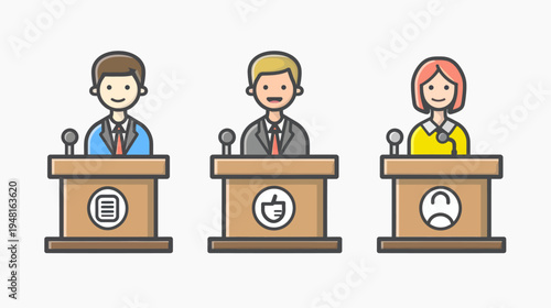 Three stylized figures standing behind podiums with symbols, set against a plain background