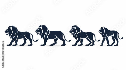 Four stylized lions stand facing left, each with a dark mane and strong features