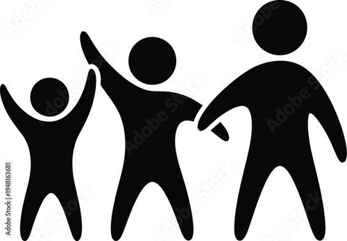 Three stylized black figures representing a diverse family unit celebrating success and unity against a white background.
