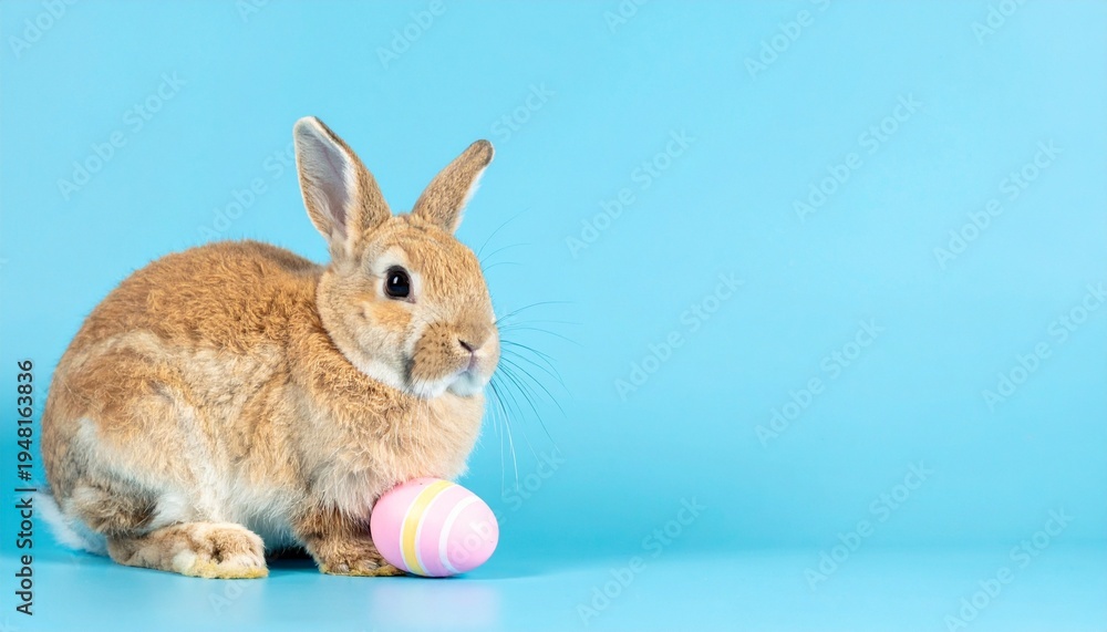 Obraz premium Brown rabbit with pastel Easter egg on blue background
