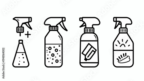 A series of icons illustrating various cleaning product bottles and spray mechanisms
