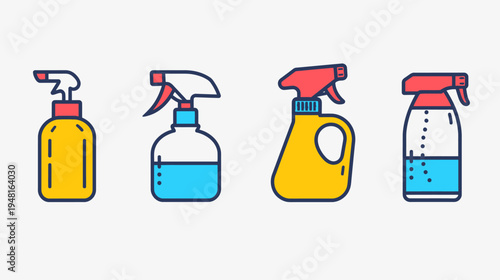Four colorful cleaning spray bottles arranged in a row, cartoon style