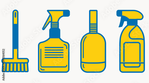 Blue-lined yellow cleaning supplies (broom and spray bottles) on a white background