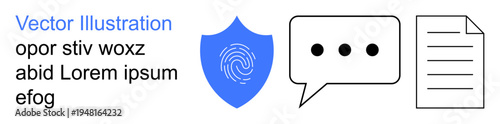 Cybersecurity, information exchange, digital communication, data protection, authentication, documentation. Shield with fingerprint, speech bubble and document icon. Cybersecurity and information