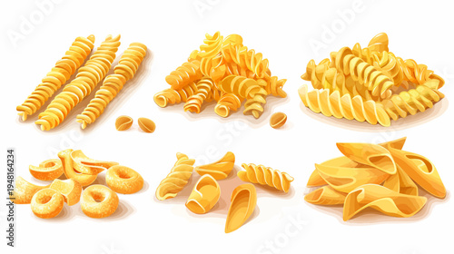 Six piles of various types of dried pasta on a white surface, vector illustration