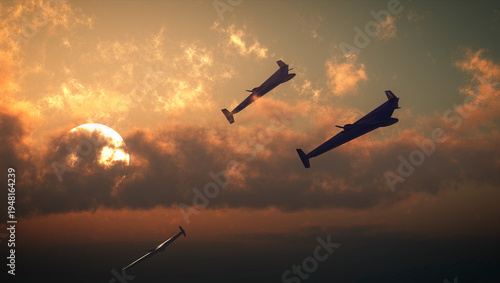 The HESA Shahed 136 is an Iranian drone. Sensitive targets, attack. Drones flying at sunset. Drone kamikaze, 3d rendering