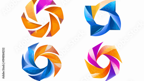 Four colorful abstract shutter designs with gradients, creating circular openings
