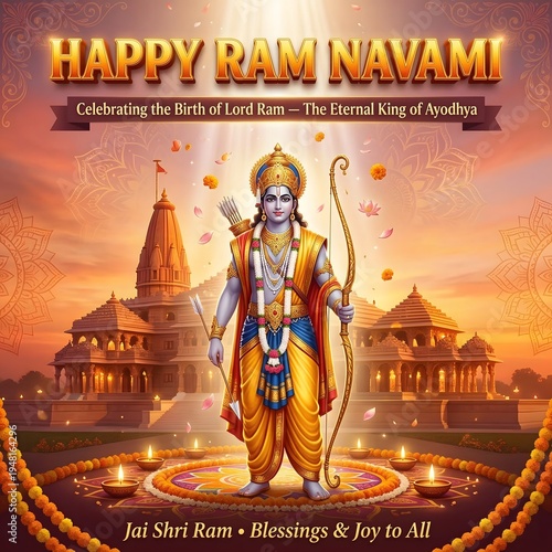 Lord ram standing heroically in traditional indian attire with temple background