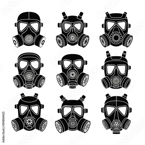 Set of Black Gas Masks, Vintage and Modern Designs, White Background