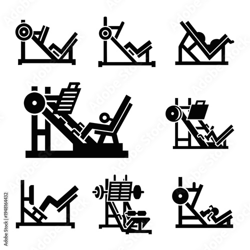 Set of black icons depicting leg press exercise machines for gym workouts.
