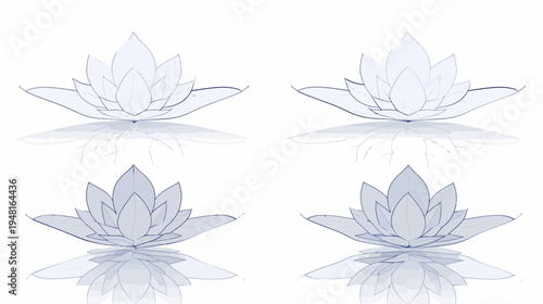 Four stylized white lotus flowers with reflections against a bright white background