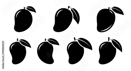 Set of Black Mango Silhouettes with Leaves on White Background