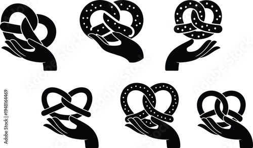 Pretzel in hand icon set, bakery snack symbol collection with soft pretzel illustrations isolated vector design