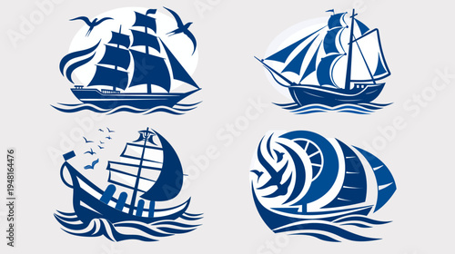 Four blue ship designs on waves, including birds, against a light gray background