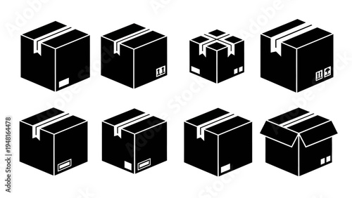 Set of black shipping boxes, isometric view, isolated on white background