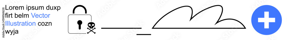 Fototapeta premium Cybersecurity, cloud storage, digital privacy, encryption, data breaches, cloud services. Lock with skull, connection to cloud and plus sign. Cybersecurity and cloud storage concepts