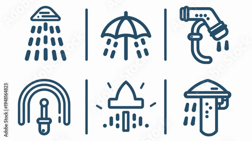 Graphic illustration six blue water-themed icons separated by vertical lines on a white background