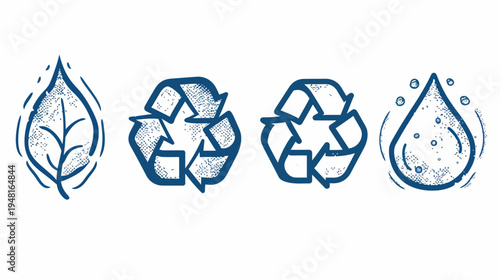 Four related, textured environmental icons in blue are isolated on a white backdrop