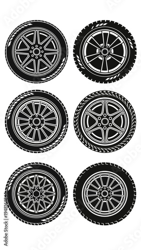 Set of Six Car Tires and Rims Icons, Black and White Vector Illustration