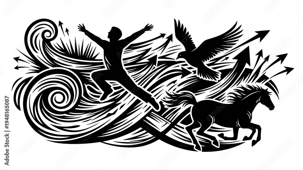 Fototapeta premium Silhouette of a man jumping, eagle soaring, horse running, symbolizing freedom and success.