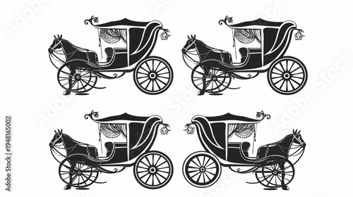 Four outlined carriages with horses facing different directions on white background