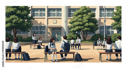Korean Students in Uniform at School Courtyard, Learning and Socializing Outdoors