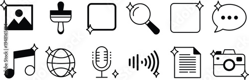 Black and white multimedia icons set with sparkle highlights featuring communication, music, photography, internet, creativity, and digital content design elements