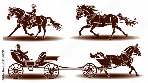 Four dark brown vintage drawings depict horses pulling a carriage and a rider