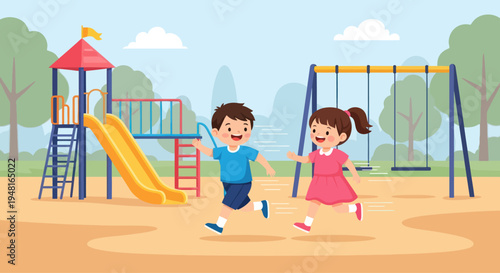 Happy kids playing on playground, slide and swings, summer day, childhood fun