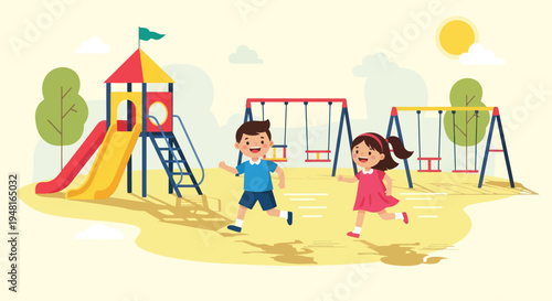 Happy Children Playing on Playground Swings and Slide, Outdoor Fun