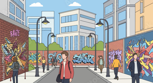 Urban street art scene with diverse people walking past graffiti-covered walls