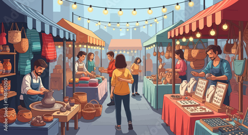 Vibrant Outdoor Craft Market with Artisans Selling Handmade Goods and Jewelry