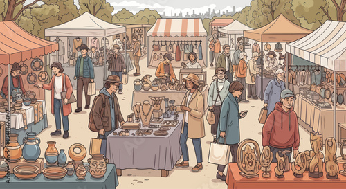 Outdoor antique market with people browsing stalls filled with pottery, jewelry, and crafts.