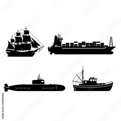 Silhouette Collection: Sailboat, Container Ship, Submarine, Fishing Boat