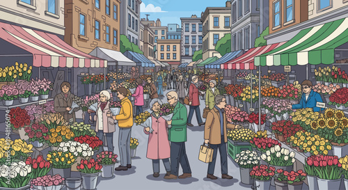 Vibrant Outdoor Flower Market Scene with Shoppers and Stalls
