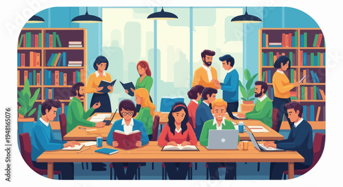 Diverse people studying together in a modern library, reading books and using laptops