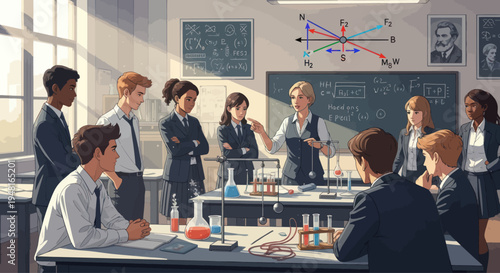 Diverse students learning physics in a classroom with teacher explaining forces