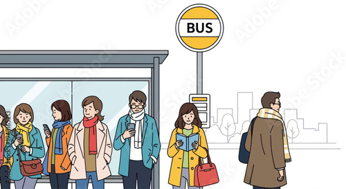 People waiting at bus stop with city skyline in background, illustration