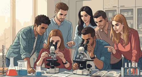 Diverse students learning biology with microscopes in a modern laboratory setting