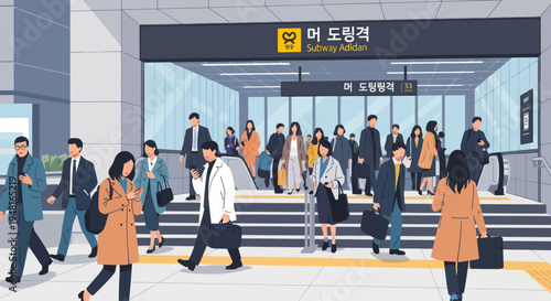 People walking in and out of a busy subway station entrance, urban commuters