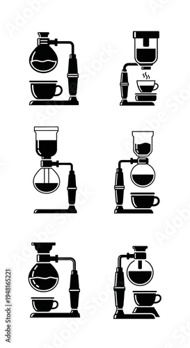 Siphon Coffee Maker Icons Set - Vintage Coffee Brewing Equipment
