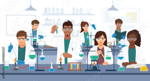 Diverse group of scientists in a modern laboratory conducting experiments with beakers and test tubes