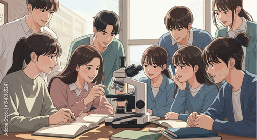 Diverse students collaborate around microscope in science lab, learning together.